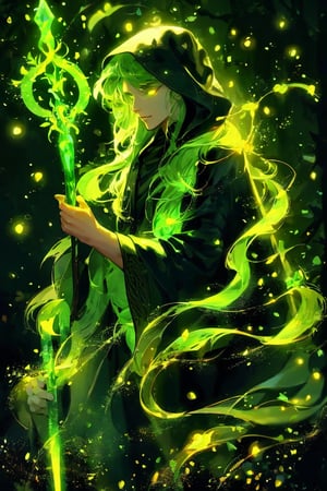 A mystical figure, possibly a wizard or sorcerer, cloaked in dark robes with glowing green eyes. This enigmatic being holds a staff adorned with radiant green symbols and emanates a luminous green aura. The background is a deep, dark forest with hints of green foliage, and the entire scene is illuminated by the ethereal glow of the character and the magical symbols on the staff.