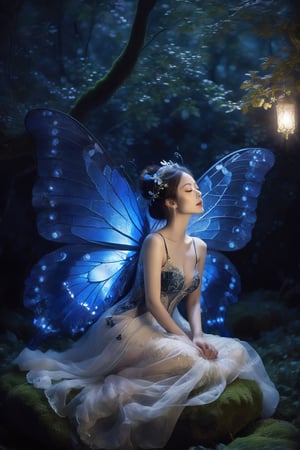 A songstress, dressed in garments of deep indigo, sits upon a moss-covered stone, her voice carrying through the night air like a mournful lament. Moonlight bathes the scene in a soft, silver glow, casting a haunting pallor upon her tear-streaked cheeks. Butterfly dance around her, their delicate wings a testament to the enduring power of hope.