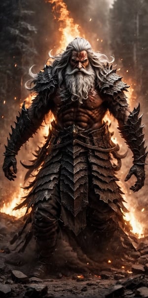 (((masterpiece, best quality, ultra-detailed, photorealistic))), A Tall Towering Giant warrior with long grey hair and beard burning everything into ashes, glowing white chain spread from his limbs, sinister eyes, fiery background and scorching fire to show his affinity to fire element, dynamic pose, epic and cinematic, visualize titan and other creature around him, dark and sinister, extra details, absurdres, High detailed, holding a void dark orb in hand showcasing a never ending darkness, god rays, flame particles scattered wildly in the air,weapon,xjrex,Enhance, Lenkaizm ,4rmorbre4k,more detail XL,Leonardo style ,stalker