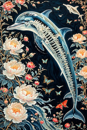 A surreal fusion of East Asian elegance and mystique: In a dark blue-black canvas, a radiant white skeletal dolphin bursts forth from a sea of peonies, its transparency allowing the viewer to gaze upon the intricate floral arrangement behind. Butterflies dance amidst the blooms, while a small boat drifts in the distance. The artist's signature or title, inscribed in Chinese characters, crowns the top right corner. A glowing white dolphin skeleton shines like a beacon, contrasting with the rich hues of the flowers.