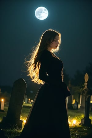 dark gothic gown, in an ancient graveyard, glowing moonlight, magical, fantasy, dreamy. shallow depth of field, vignette, highly detailed, high budget, bokeh, cinemascope, moody, epic, gorgeous, film grain, grainy, cinematic film, alive