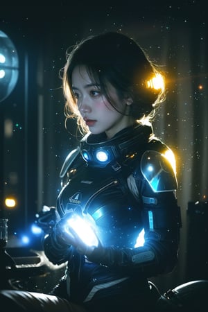 futuristic sci-fi outfit, in a space station, glowing holograms, magical, fantasy, dreamy. shallow depth of field, vignette, highly detailed, high budget, bokeh, cinemascope, moody, epic, gorgeous, film grain, grainy, cinematic film, alive.