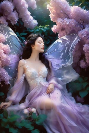 A melancholic muse, draped in diaphanous robes of pale lavender, reclines amidst a field of fading lilacs, their fragrance lingering in the night air. Moonbeams dapple her porcelain skin, casting a gentle radiance upon her sorrowful expression. Tender butterflies, symbols of renewal, flit around her, their delicate wings a reminder of the fleeting nature of beauty.