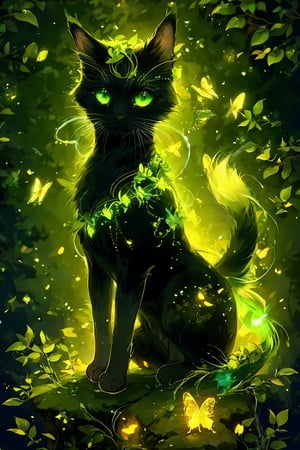 A mystical, dark-furred cat with luminescent green eyes. It is surrounded by a luminous green aura, with glowing green tendrils and leaves emanating from its body. The cat is perched on a rock amidst a forest setting, with small glowing orbs scattered around. Butterflies with luminescent wings flutter around the cat, and there are intricate details of leaves and other foliage in the background. The overall ambiance of the image is magical and enchanting.