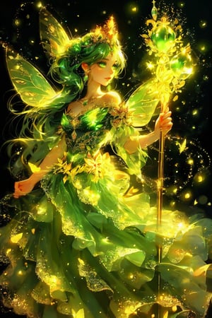 A fantastical character with luminescent green eyes, adorned with a crown of shimmering gems and leaves. She has butterfly-like wings emanating a radiant green glow. The character holds a slender staff with a glowing orb at its tip. Her attire is intricately designed with golden embellishments, and she is surrounded by a mesmerizing backdrop of twinkling lights and floating particles.