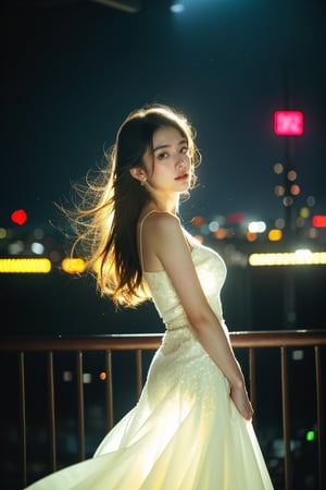 lovely white dress, in a futuristic cityscape, glowing neon lights, cyberpunk, futuristic, dreamy, shallow depth of field, vignette, highly detailed, high budget, bokeh, cinemascope, moody, epic, gorgeous, film grain, grainy, cinematic film, alive