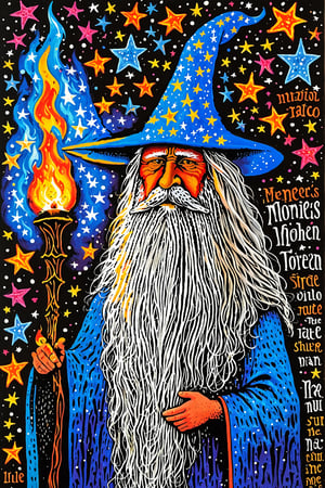 A vibrant and colorful portrayal of a wizard. He dons a tall blue hat adorned with stars and holds a staff with a flaming torch. The wizard's long white beard flows down his chest. The background is filled with a myriad of magical symbols, names of spells, and celestial motifs.