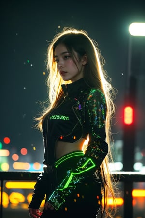 futuristic cyberpunk attire, in a neon-lit cityscape, glowing holograms, magical, fantasy, dreamy. shallow depth of field, vignette, highly detailed, high budget, bokeh, cinemascope, moody, epic, gorgeous, film grain, grainy, cinematic film, alive.