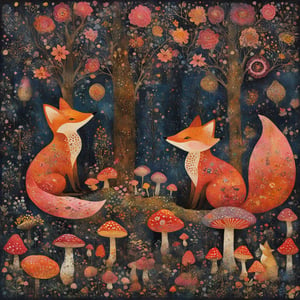 A whimsical forest scene at nighttime. Two foxes, one sitting and one standing, are the central figures, surrounded by a myriad of colorful flowers, mushrooms, and trees. Above the foxes, a large red and yellow mushroom stands out. The background is dark, possibly representing the night sky, dotted with tiny specks that could be stars or fireflies. Birds, including a pink one, can be seen perched on branches. The entire scene exudes a magical and serene ambiance.