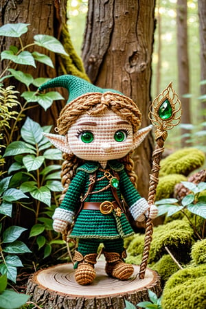 a young male elf wearing a forest green tunic, handcrafted leather boots, golden-brown braided hair with leaf accents, delicate elven ears, emerald eyes, holding a wooden staff with a crystal orb, in a mystical forest with glowing plants, intricate details, ultra sharp, crocheted