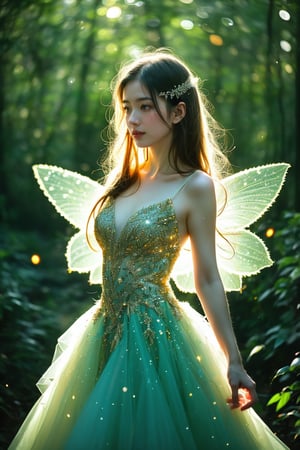 fairy-tale princess gown, in an enchanted forest, glowing fairies, magical, fantasy, dreamy. shallow depth of field, vignette, highly detailed, high budget, bokeh, cinemascope, moody, epic, gorgeous, film grain, grainy, cinematic film, alive.