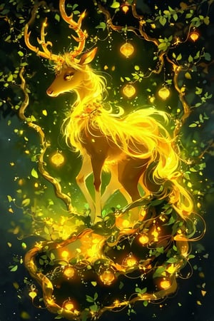 A mystical deer-like creature, adorned with glowing, golden-yellow eyes and intricately designed antlers that resemble intertwined branches. The creature's body is intertwined with vibrant greenery, including leaves and small luminescent plants. The background is a deep, enchanting forest with a dark ambiance, punctuated by floating golden orbs and specks of light. The deer appears to be in a serene state, surrounded by a magical aura.