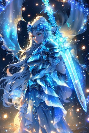 A mystical figure, possibly a warrior or guardian, adorned in intricate armor. The armor is illuminated with a radiant blue glow, emanating a sense of power and magic. The figure's cloak flows behind, merging with ethereal, swirling patterns of light and energy. The warrior wields a glowing sword, its blade emitting a similar blue luminescence. The background is dark, with specks of light, possibly representing stars or magical particles, adding to the enchanting atmosphere.