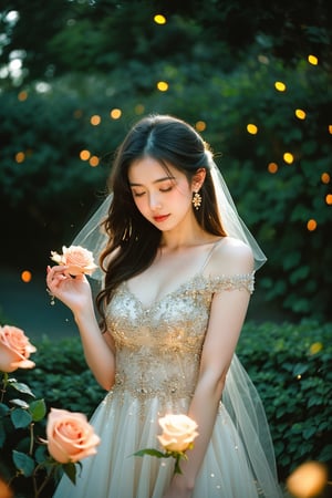 lovely romantic dress, in a rose garden, glowing roses, magical, fantasy, dreamy. shallow depth of field, vignette, highly detailed, high budget, bokeh, cinemascope, moody, epic, gorgeous, film grain, grainy, cinematic film, alive.