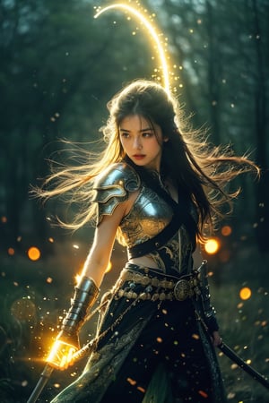 fierce warrior outfit, in a mystical battlefield, glowing runes, magical, fantasy, dreamy. shallow depth of field, vignette, highly detailed, high budget, bokeh, cinemascope, moody, epic, gorgeous, film grain, grainy, cinematic film, alive.