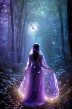A contemplative wanderer, cloaked in shadows of deep violet, traverses a mist-shrouded forest, their path illuminated by the soft glow of moonlight filtering through the trees. Sorrow emanates from their every step, reflected in the ethereal ambiance of the scene. Delicate butterflies, symbols of hope, flutter around them, their presence a beacon of light in the darkness.