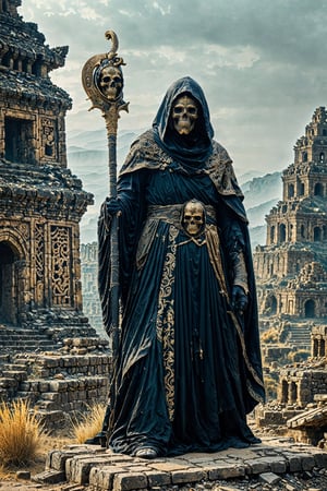 A mysterious figure draped in a dark, ornate robe with intricate designs. The figure wears a hood that conceals most of their face, revealing only a skull-like mask. They are holding a staff with a unique design at the top, and another object resembling a curved blade or scythe in their other hand. The background depicts a desolate landscape with ruins of ancient structures, possibly a city or fortress. The atmosphere is misty, adding to the eerie and foreboding ambiance of the scene.