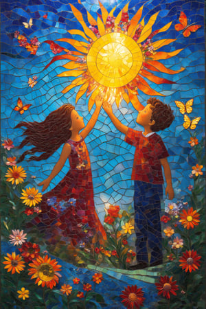 A vibrant mosaic artwork that showcases a radiant sun surrounded by colorful flowers and butterflies. Below the sun, two animated figures, a girl and a boy, are depicted. The girl, with flowing hair, reaches out towards the sun, while the boy stands beside her, looking up. The background consists of a myriad of blue tiles, creating a night sky effect. The bottom of the image is adorned with intricate patterns of swirls, plants, and more flowers, giving a sense of depth and a garden-like setting.
