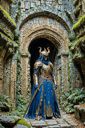 A mysterious figure standing in front of an ancient stone archway. The figure is adorned in ornate blue armor with intricate gold detailing, a long blue cloak, and a helmet with large curved horns. The armor is heavily decorated with various patterns and symbols. The character holds a long, silver sword in their right hand. The backdrop consists of weathered stone walls with moss and other vegetation growing in crevices. The archway behind the figure seems to lead to a dimly lit area, possibly a cave or a dungeon.