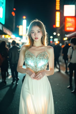 lovely white dress, in a futuristic cityscape, glowing neon lights, cyberpunk, futuristic, dreamy, shallow depth of field, vignette, highly detailed, high budget, bokeh, cinemascope, moody, epic, gorgeous, film grain, grainy, cinematic film, alive