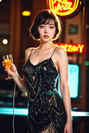 vintage 1920s flapper dress, in a jazz club, glowing neon sign, magical, fantasy, dreamy. shallow depth of field, vignette, highly detailed, high budget, bokeh, cinemascope, moody, epic, gorgeous, film grain, grainy, cinematic film, alive.
