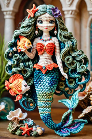 a graceful mermaid with azure scales, wearing a crocheted seaweed top, long flowing blue hair with pearls, iridescent tail fins, holding a conch shell, underwater palace with coral and colorful fish, detailed textures, ultra sharp, crocheted