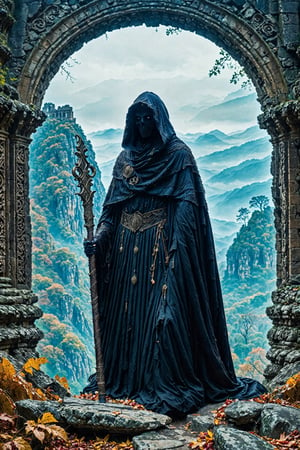 A mysterious figure draped in a dark cloak, with a hood obscuring most of their face. The figure holds a tall, ornate staff with intricate designs. The setting is an ancient ruin, with stone arches framing the scene. Beyond the arches, a breathtaking view of misty mountains and dense forests can be seen. The ground is strewn with fallen leaves and rocks, adding to the eerie ambiance.