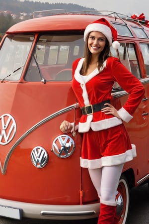 Masterpiece , 1 girl, beautiful, wear santa costume, as driver for present delivery, ,volkswagen