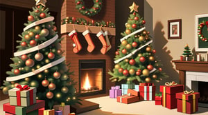 christmas tree warm enviromnent, big, chimney, wood, lovely living room decorated with christmas decorations