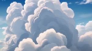 big white clouds moving in a light blue sky, very luminous, 8k, realistic, fluffy, soft. Nothing else than clouds