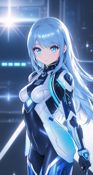 Best picture quality, high resolution, 8k, realistic, sharp focus, realistic image of elegant lady, beauty, supermodel, long hair, beautiful eyes, wearing high-tech cyberpunk style blue suit, radiant Glow, sparkling suit, mecha, perfectly customized high-tech suit, ice theme, custom design, 1 girl,swordup, looking at viewer,petite,light