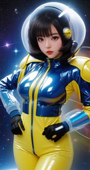 a girl,sexy  thunder yellow jacket, tight suit,Space helm of the 1960s,and the anime series G Force of the 1980s,Darf Punk wlop glossy skin, ultrarealistic sweet girl, space helm 60s, holographic, holographic texture, the style of wlop, space, 