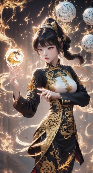masterpiece, hq, 8k,1 girl, wearing taoist uniform, yin-yang embroidery,  dynamic view, special effect, 