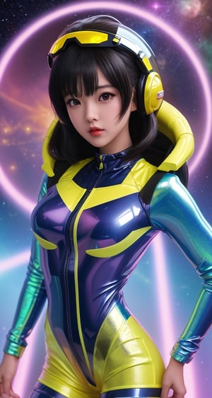 a girl,sexy  thunder yellow jacket, tight suit,Space helm of the 1960s,and the anime series G Force of the 1980s,Darf Punk wlop glossy skin, ultrarealistic sweet girl, holographic, holographic texture, the style of wlop, space, 