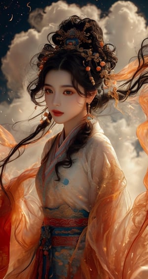The background is midnight sky,big moon,dark night, 16 yo, 1 girl, xianxia, chinese myth, ethereal, immortal, ancient chinese buiding, above cloud,beautiful hanfu(transparent), cloth blowing in wind, solo, {beautiful and detailed eyes}, calm expression, natural and soft light, delicate facial features, cute japanese idol, very small earrings, ((model pose)), Glamor body type, (dark hair:1.2),  beehive,big bun,very_long_hair, hair past hip, curly hair, flim grain, realhands, masterpiece, Best Quality, photorealistic, ultra-detailed, finely detailed, high resolution, perfect dynamic composition, beautiful detailed eyes, eye smile,Fairy in Clouds