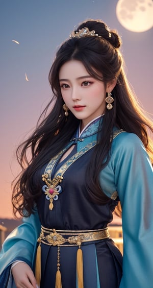 The background is midnight sky,big moon,dark night, 16 yo, 1 girl, xianxia, chinese myth, ethereal, immortal, flying in the air,halo,shining bracelet,beautiful hanfu(transparent), cloth blowing in wind, solo, {beautiful and detailed eyes}, calm expression, natural and soft light, delicate facial features, cute japanese idol, very small earrings, ((model pose)), Glamor body type, (dark hair:1.2),  beehive,big bun,very_long_hair, hair past hip, curly hair, flim grain, realhands, masterpiece, Best Quality, photorealistic, ultra-detailed, finely detailed, high resolution, perfect dynamic composition, beautiful detailed eyes, eye smile,