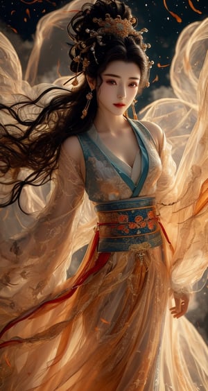 The background is midnight sky,big moon,dark night, 16 yo, 1 girl, xianxia, chinese myth, ethereal, immortal, ancient chinese buiding, above cloud,beautiful hanfu(transparent), cloth blowing in wind, solo, {beautiful and detailed eyes}, calm expression, natural and soft light, delicate facial features, cute japanese idol, very small earrings, ((model pose)), Glamor body type, (dark hair:1.2),  beehive,big bun,very_long_hair, hair past hip, curly hair, flim grain, realhands, masterpiece, Best Quality, photorealistic, ultra-detailed, finely detailed, high resolution, perfect dynamic composition, beautiful detailed eyes, eye smile,Fairy in Clouds