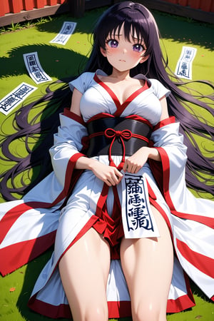 score_9, score_8_up, score_7_up, score_6_up, rating_explicit, masterpiece, best quality, beautiful lighting, 
aamars, 1girl, solo, long hair, black hair, japanese shrine maiden clothes, Undressing, openclothes, 
Japanese shrines, 
lying on ground, covered by ofuda, ofuda censoring, natural censoring, 
shy, embarrassed, blushing, looking at viewer, 