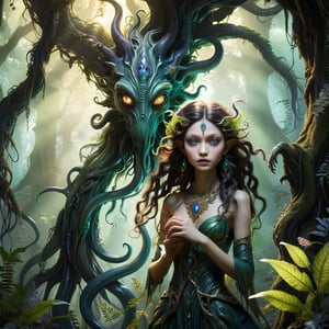 ((masterpiece),  (best quality),  (highly detailed)),  A beautiful girl and an eldritch monster stand together in a mystical forest. They are depicted harmoniously,  showcasing the intriguing connection between human grace and otherworldly fascination. The scene exudes a sense of mystery and enchantment,  with every detail meticulously rendered. The girl,  inspired by artist Hyun Lee,  possesses an ethereal beauty,  characterized by flowing hair and a serene expression. Her captivating eyes convey both curiosity and wisdom. Adorned with intricate jewelry and vibrant nature-inspired patterns,  she becomes a mesmerizing presence. The eldritch monster,  expertly crafted with fantastical elements,  seamlessly blends its tentacles with the forest flora,  creating a captivating amalgamation of alien and natural forms. Soft lighting envelops the scene,  adding an ethereal glow to the dreamlike atmosphere. Leveraging digital painting techniques,  the artist's illustrative style infuses the composition with a touch of fantasy,  resulting in a high-quality artwork that encapsulates the essence of the mystical forest and the unique bond between the girl and the eldritch monster,FilmGirl,aw0k halloween makeup,monster