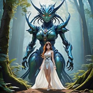 ((masterpiece),  (best quality),  (highly detailed)),  A beautiful girl and an eldritch monster stand together in a mystical forest. They are depicted harmoniously,  showcasing the intriguing connection between human grace and otherworldly fascination. The scene exudes a sense of mystery and enchantment,  with every detail meticulously rendered. The girl,  inspired by artist Hyun Lee,  possesses an ethereal beauty,  characterized by flowing hair and a serene expression. Her captivating eyes convey both curiosity and wisdom. Adorned with intricate jewelry and vibrant nature-inspired patterns,  she becomes a mesmerizing presence. The eldritch monster,  expertly crafted with fantastical elements,  seamlessly blends its tentacles with the forest flora,  creating a captivating amalgamation of alien and natural forms. Soft lighting envelops the scene,  adding an ethereal glow to the dreamlike atmosphere. Leveraging digital painting techniques,  the artist's illustrative style infuses the composition with a touch of fantasy,  resulting in a high-quality artwork that encapsulates the essence of the mystical forest and the unique bond between the girl and the eldritch monster,monster,p3rfect boobs,mecha,cleavage,robot,mecha musume
