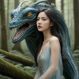 ((masterpiece),  (best quality),  (highly detailed)),  A beautiful girl and an eldritch monster stand together in a mystical forest. They are depicted harmoniously,  showcasing the intriguing connection between human grace and otherworldly fascination. The scene exudes a sense of mystery and enchantment,  with every detail meticulously rendered. The girl,  inspired by artist Hyun Lee,  possesses an ethereal beauty,  characterized by flowing hair and a serene expression. Her captivating eyes convey both curiosity and wisdom. Adorned with intricate jewelry and vibrant nature-inspired patterns,  she becomes a mesmerizing presence. The eldritch monster,  expertly crafted with fantastical elements,  seamlessly blends its tentacles with the forest flora,  creating a captivating amalgamation of alien and natural forms. Soft lighting envelops the scene,  adding an ethereal glow to the dreamlike atmosphere. Leveraging digital painting techniques,  the artist's illustrative style infuses the composition with a touch of fantasy,  resulting in a high-quality artwork that encapsulates the essence of the mystical forest and the unique bond between the girl and the eldritch monster,FilmGirl