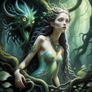 ((masterpiece),  (best quality),  (highly detailed)),  A beautiful girl and an eldritch monster stand together in a mystical forest. They are depicted harmoniously,  showcasing the intriguing connection between human grace and otherworldly fascination. The scene exudes a sense of mystery and enchantment,  with every detail meticulously rendered. The girl,  inspired by artist Hyun Lee,  possesses an ethereal beauty,  characterized by flowing hair and a serene expression. Her captivating eyes convey both curiosity and wisdom. Adorned with intricate jewelry and vibrant nature-inspired patterns,  she becomes a mesmerizing presence. The eldritch monster,  expertly crafted with fantastical elements,  seamlessly blends its tentacles with the forest flora,  creating a captivating amalgamation of alien and natural forms. Soft lighting envelops the scene,  adding an ethereal glow to the dreamlike atmosphere. Leveraging digital painting techniques,  the artist's illustrative style infuses the composition with a touch of fantasy,  resulting in a high-quality artwork that encapsulates the essence of the mystical forest and the unique bond between the girl and the eldritch monster,FilmGirl,aw0k halloween makeup,monster