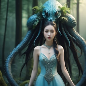 ((masterpiece),  (best quality),  (highly detailed)),  A beautiful girl and an eldritch monster stand together in a mystical forest. They are depicted harmoniously,  showcasing the intriguing connection between human grace and otherworldly fascination. The scene exudes a sense of mystery and enchantment,  with every detail meticulously rendered. The girl,  inspired by artist Hyun Lee,  possesses an ethereal beauty,  characterized by flowing hair and a serene expression. Her captivating eyes convey both curiosity and wisdom. Adorned with intricate jewelry and vibrant nature-inspired patterns,  she becomes a mesmerizing presence. The eldritch monster,  expertly crafted with fantastical elements,  seamlessly blends its tentacles with the forest flora,  creating a captivating amalgamation of alien and natural forms. Soft lighting envelops the scene,  adding an ethereal glow to the dreamlike atmosphere. Leveraging digital painting techniques,  the artist's illustrative style infuses the composition with a touch of fantasy,  resulting in a high-quality artwork that encapsulates the essence of the mystical forest and the unique bond between the girl and the eldritch monster,REVERSE UPRIGHT STRADDLE,standing sex,aw0k nsfwfactory,AngelicStyle,skirtlift