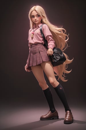Young girl,18 year old body,semi-long blonde hair, pink school shirt, pink backpack on her back, brown plaid school skirt, black knee-high school socks, full_body,gray background with good lighting,tassel loafers in black polished smooth leather
