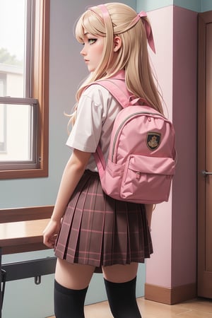 Young girl, semi-long blonde hair, pink school shirt, pink backpack on her back, brown school shoes, brown plaid school skirt, black knee-high school socks
