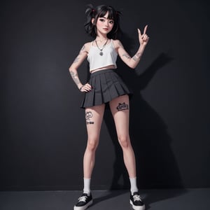 18 year old young girl, shoulder length semi-wavy black hair, full_body, full body, neck_tattoo, tattoo on hands, black earrings in the ears, black nails, nanakusa nazuna, pose sexy, good body, white background with good lighting, blue_eyes, blue eyes, pose_sticking out the middle finger, white_skin, nice hair, tattoos on fingers,moon necklace, school clothes, school_skirt, school_shirt, school_shoes,black school shoes,black school skirt, goodbod,chunky loafer in black, character_design, character_sheet, pantyhose