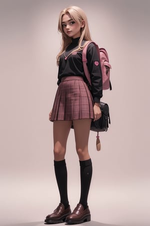 Young girl,18 year old body,semi-long blonde hair, pink school shirt, pink backpack on her back, brown plaid school skirt, black knee-high school socks, full_body,gray background with good lighting,tassel loafers in black polished smooth leather
