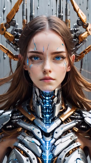 dripping paint, abstract, surreal photo of a girl, blue eyes,brown long curl hair,centered, symmetrical, cyborg, shiny armor, intricate detailed,wires,mecha,fighting pose ,dripping paint,abstact