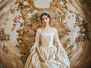 Realistic 16K resolution photography of A girl Wearing a 18th-century costume made of goose-yellow poplin, standing in front of a gorgeous marble petal-carved wall,
break, 
1 girl, Exquisitely perfect symmetric very gorgeous face, Exquisite delicate crystal clear skin, Detailed beautiful delicate eyes, perfect slim body shape, slender and beautiful fingers, nice hands, perfect hands, illuminated by film grain, realistic skin, dramatic lighting, soft lighting, exaggerated perspective of ((fisheye lens depth)),