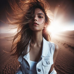 Realistic 16K resolution Indigo tone colors photography of a girl, Wearing a white vest, her messy hair flows in the wind, in desert at night,
break, 
1 girl, Exquisitely perfect symmetric very gorgeous face, Exquisite delicate crystal clear skin, Detailed beautiful delicate eyes, perfect slim body shape, slender and beautiful fingers, nice hands, perfect hands, illuminated by film grain, realistic skin, dramatic lighting, soft lighting, exaggerated perspective of ((fisheye lens depth)),